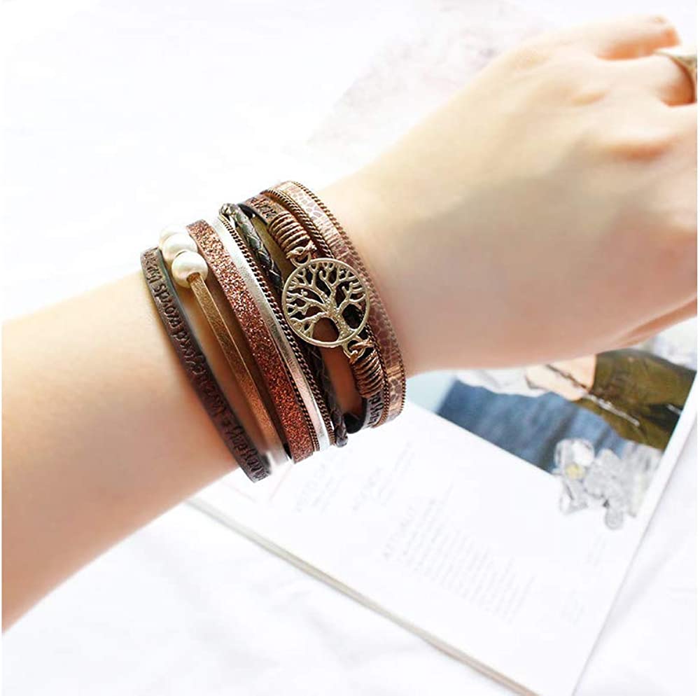 Fesciory Leopard Bracelet for Women, Boho Leather Wrap Multi-Layer Pearl Crystal Bracelet Bangle Jewelry - Image 4